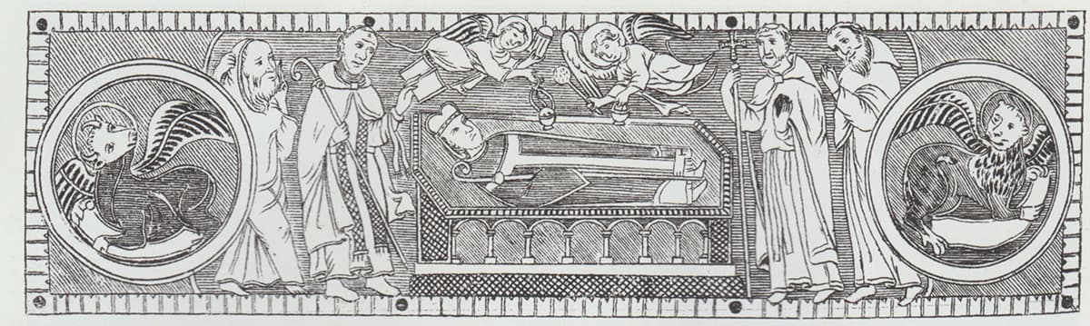 Ausschnitt aus einer Umzeichnung eines Buchdeckels der 1170 verfassten Vita s. Disibodi, Kuperstich, 1676 (aus Acta Sanctorum (Julii II), Bd. 29,2. Hsg. Von J. Carnandet. Paris und Rom 1867 (S. 586)