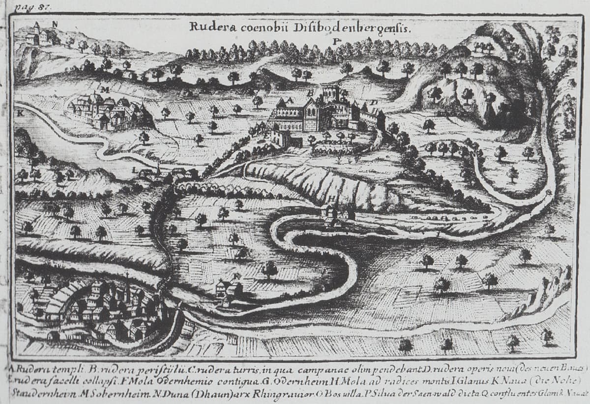Ruinen des Klosters, Kupferstich, G.Ch. Joannis, 1724 (aus G. Stanzl, Die Klosterruine Disibodenberg. Worms 1992, 15 Abb. 5)